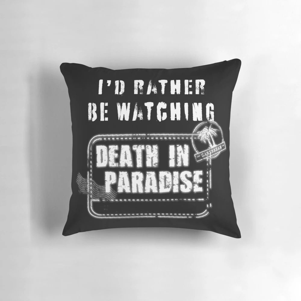A plush, comfortable pillow featuring the iconic Honoré police station from the BBC murder mystery series, Death in Paradise.