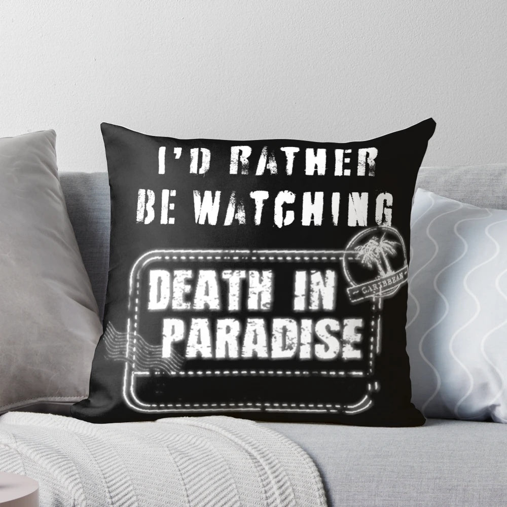 A plush, comfortable pillow featuring the iconic Honoré police station from the BBC murder mystery series, Death in Paradise.