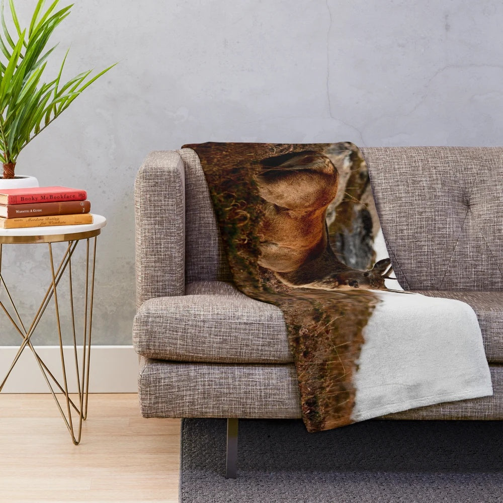 Cozy plush blanket featuring a deer watching scene in the Scottish Highlands