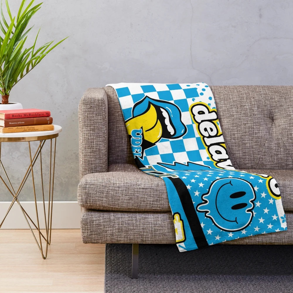 Soft and comfortable plush blanket featuring a delaware-inspired design