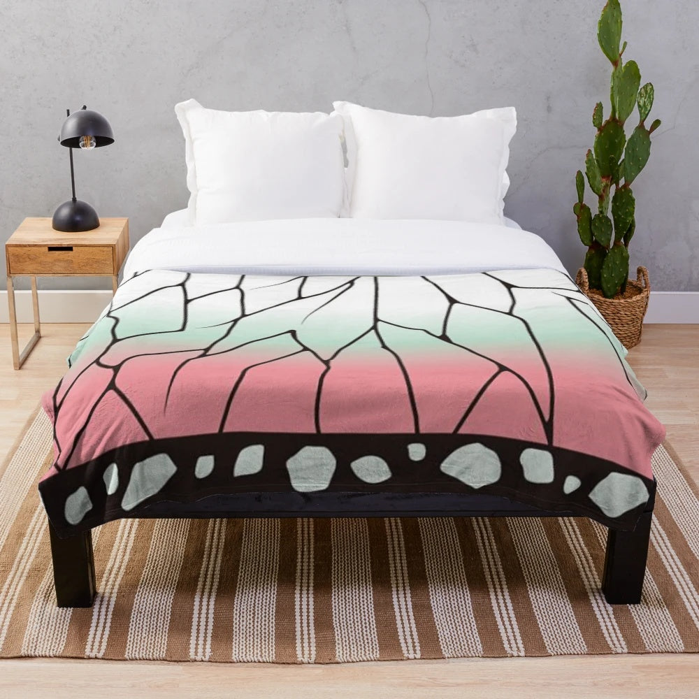 Demon Slayer inspired plush blanket featuring a traditional Japanese wagara butterfly pattern design