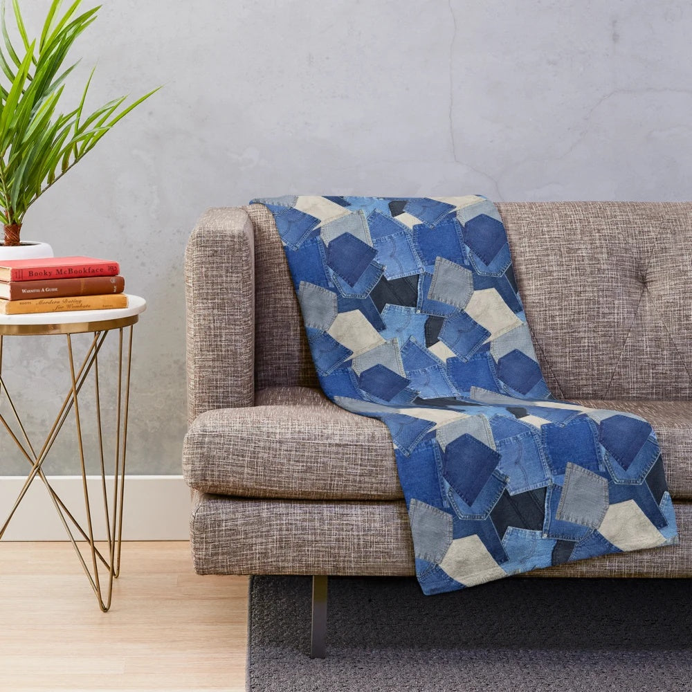 Denim Pockets Plush Blanket with Soft Texture