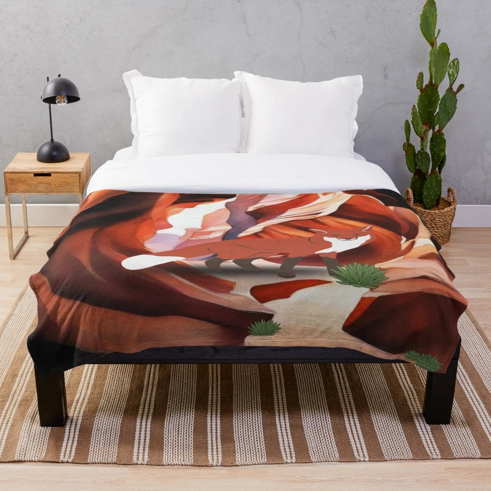 Plush blanket featuring a desert fox illustration in brown and red tones