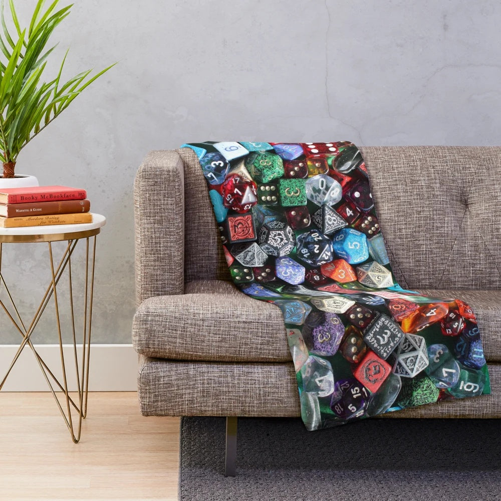 Plush dice-themed blanket for tabletop gaming enthusiasts