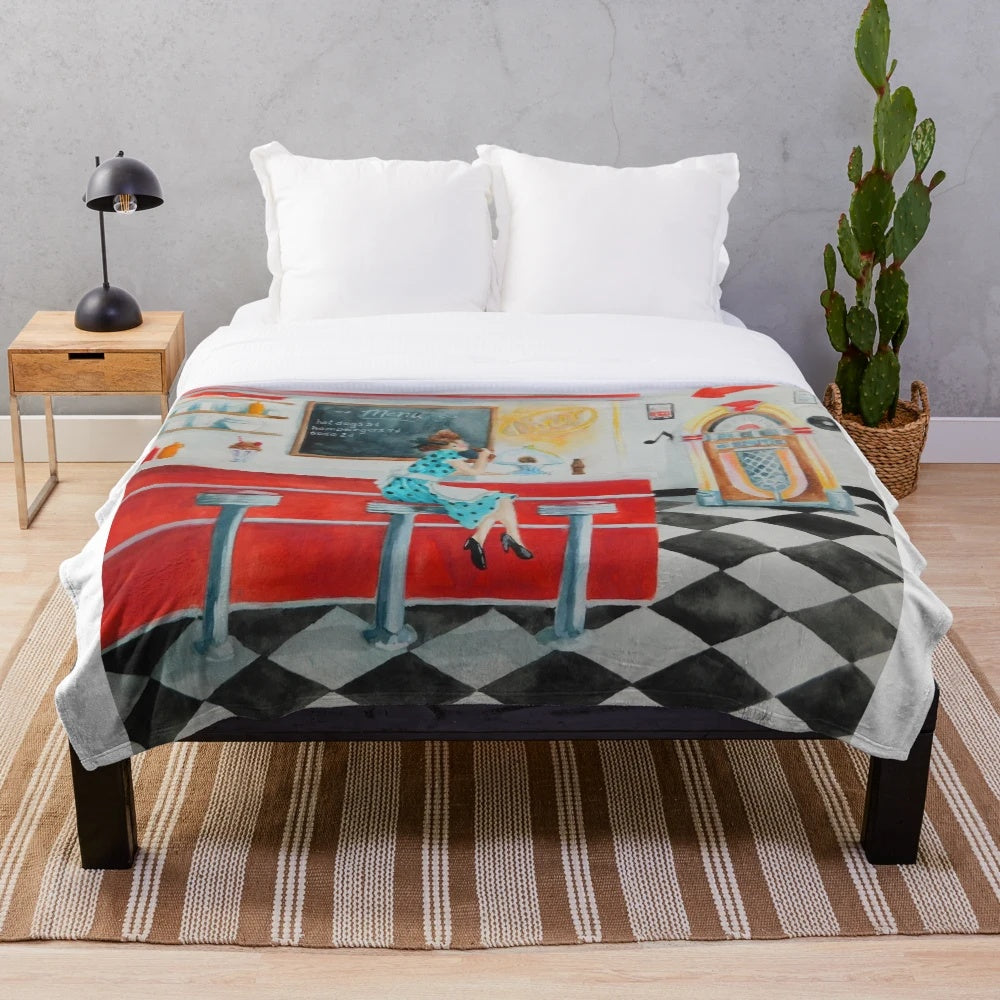Diner Plush Blanket with Watercolor and Acrylic Design