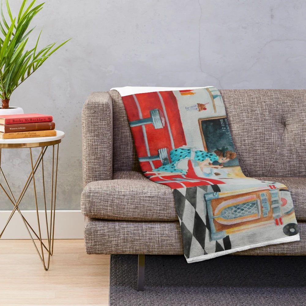 Diner Plush Blanket with Watercolor and Acrylic Design