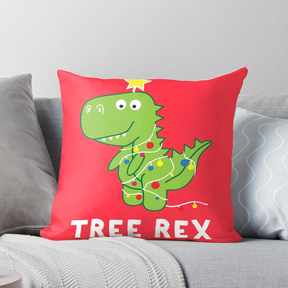 Plush, festive dinosaur pillow with a playful "Tree Rex" design, perfect for holiday decor and gifts.