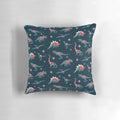 A decorative pillow featuring cute cartoon dinosaurs wearing colorful holiday sweaters.