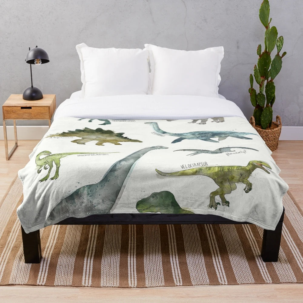 Dinosaur Plush Blanket with Tyrannosaurus Rex and Velociraptor
