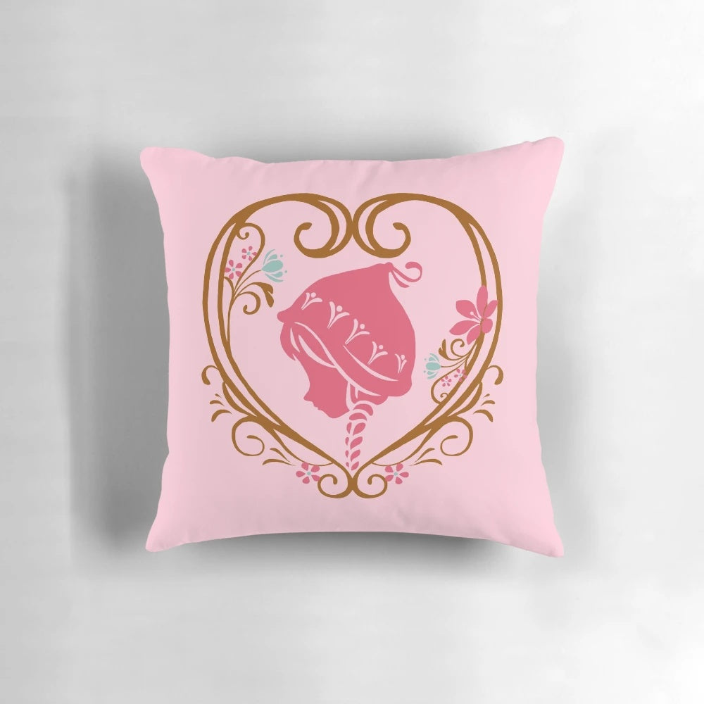 Decorative throw pillow featuring the Disney character Princess Anna from the movie Frozen, with a floral rosemaling design.