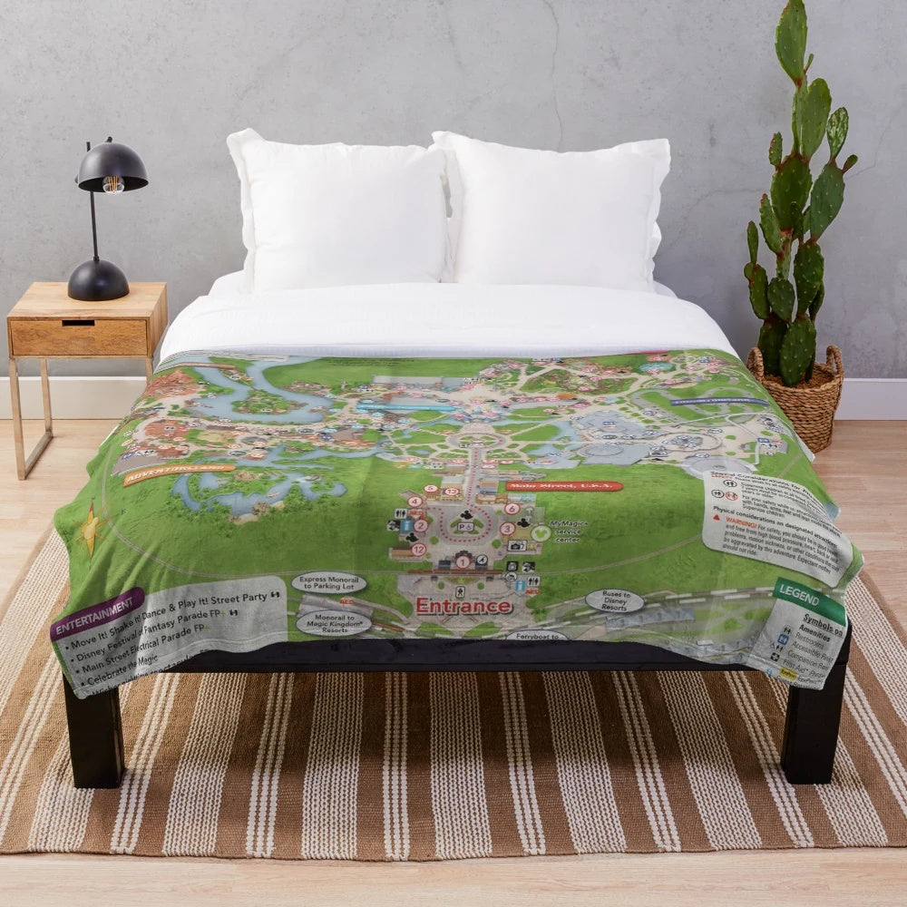 Plush blanket featuring a detailed map of the Magic Kingdom theme park