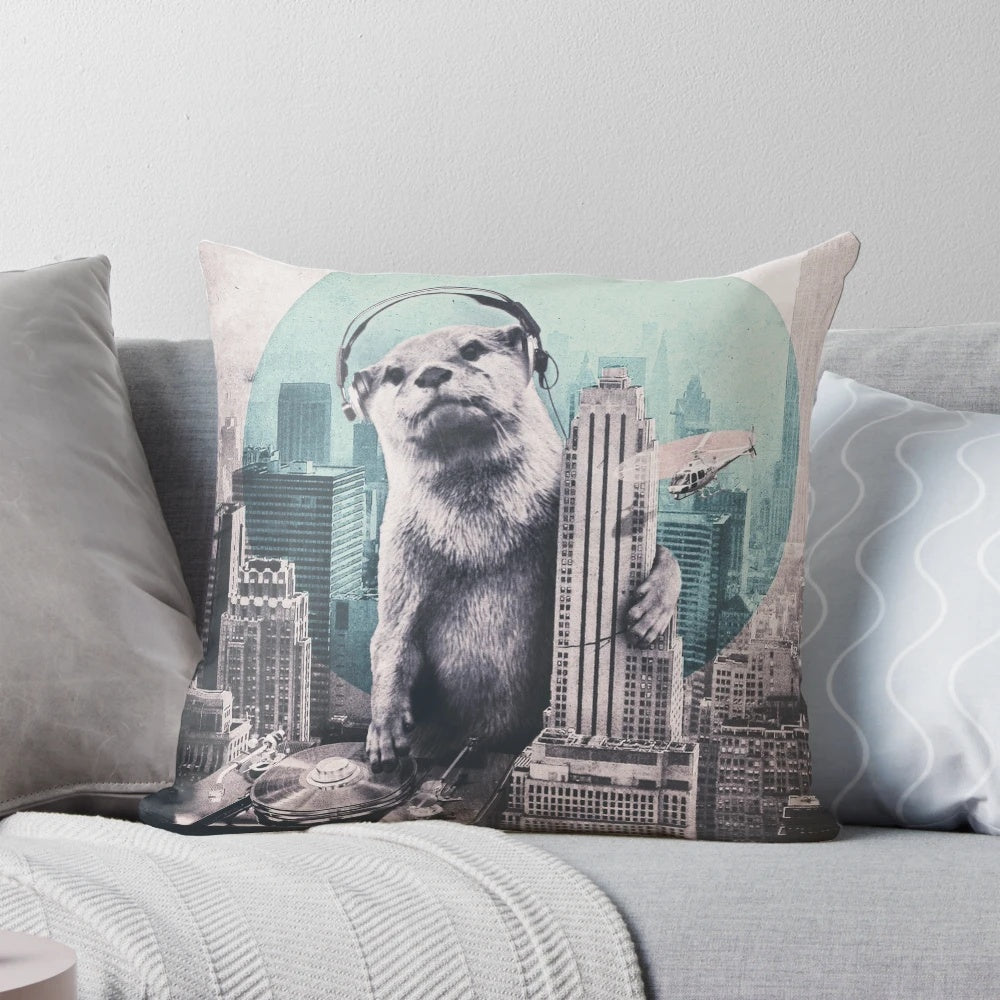 A soft, plush DJ Otter pillow with a whimsical graphic design, perfect for decorating a music-themed space.