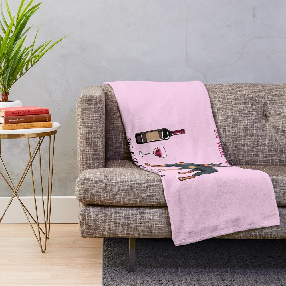 Doberman Pinscher and wine-themed plush blanket for dog lovers