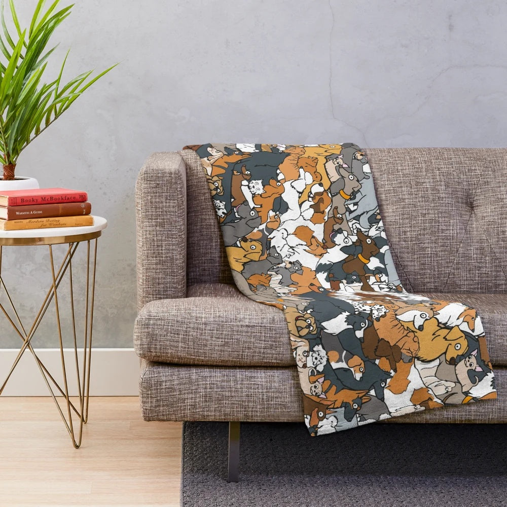 Plush blanket featuring various dog breeds including Westie, Malamute, and more
