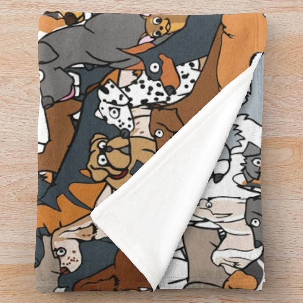 Plush blanket featuring various dog breeds including Westie, Malamute, and more