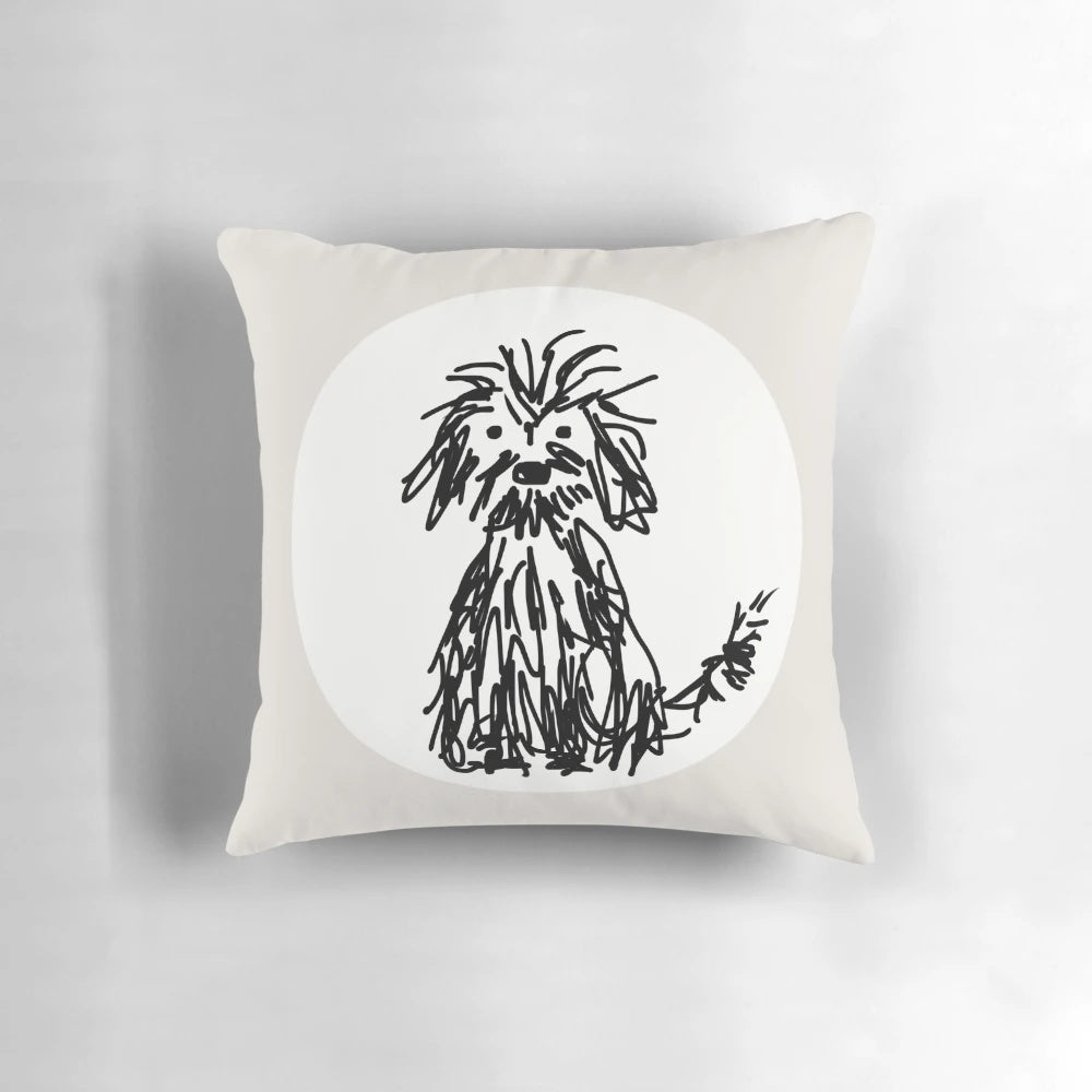Soft, fluffy dog-themed pillow in a monochrome black and white design