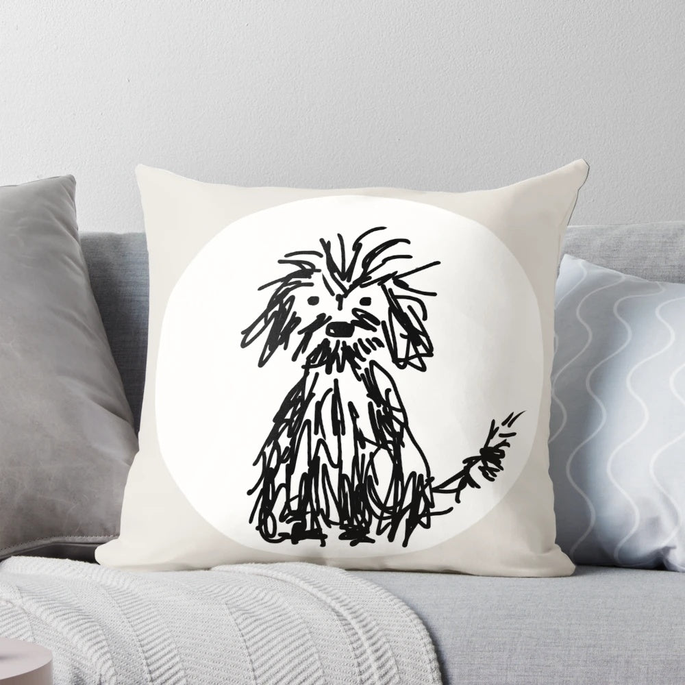 Soft, fluffy dog-themed pillow in a monochrome black and white design