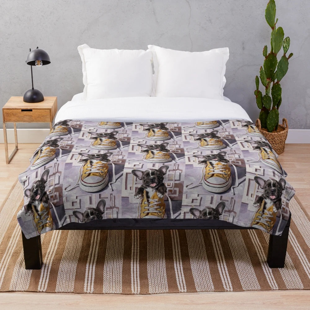 Soft and plush dog blanket featuring a French bulldog in a sneaker design