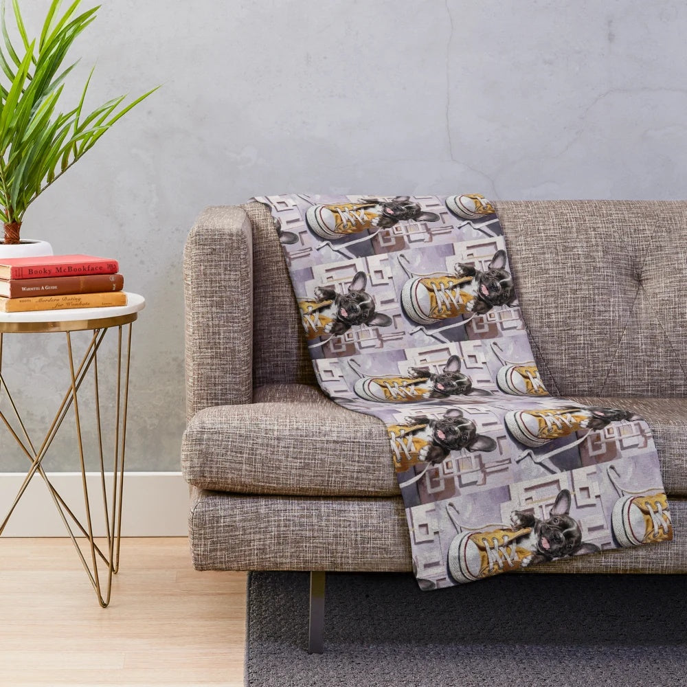 Soft and plush dog blanket featuring a French bulldog in a sneaker design