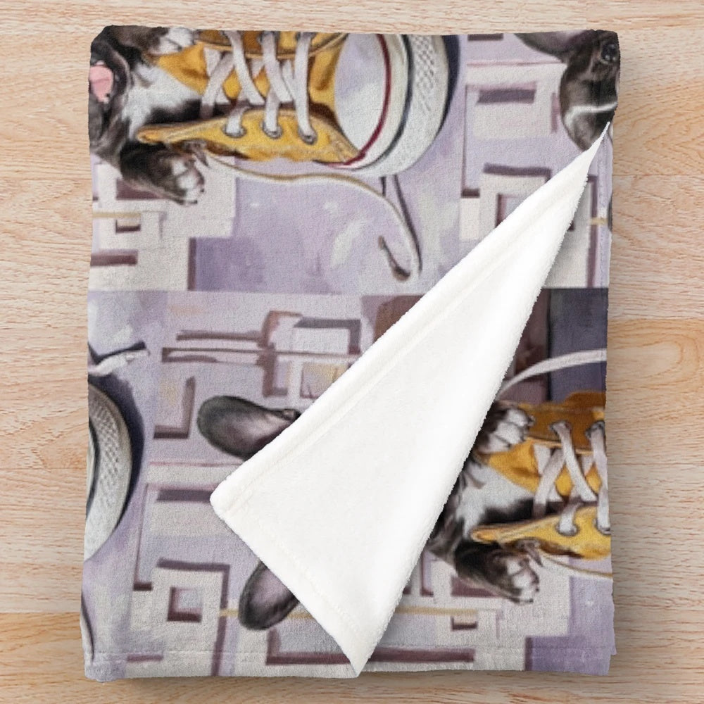 Soft and plush dog blanket featuring a French bulldog in a sneaker design