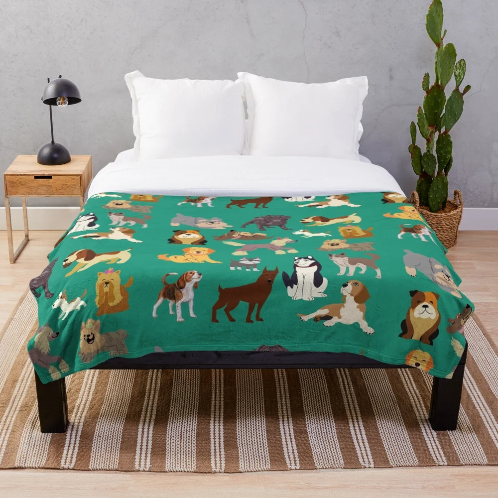 Soft, plush blanket featuring a variety of dog breeds for dog lovers