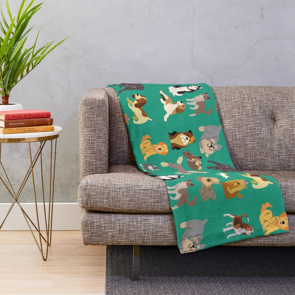 Soft, plush blanket featuring a variety of dog breeds for dog lovers