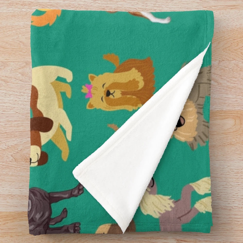 Soft, plush blanket featuring a variety of dog breeds for dog lovers