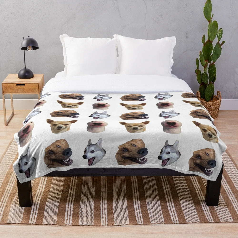 Plush blanket featuring a variety of dog memes