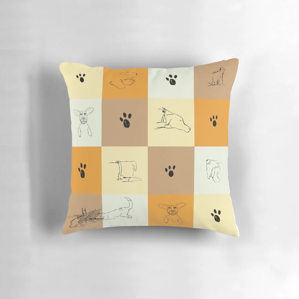 Handcrafted dog pillow featuring a sketch of a sleeping canine in natural, neutral tones.