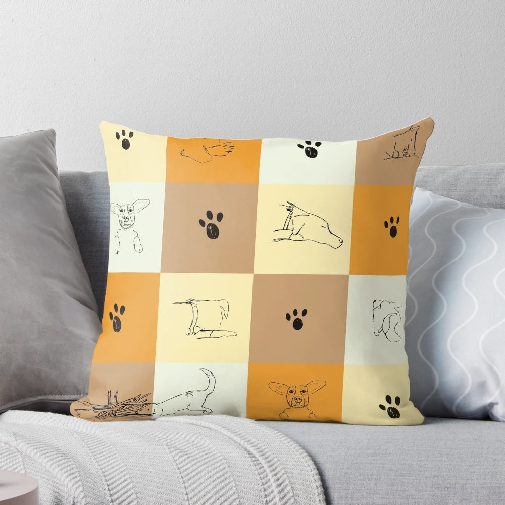Handcrafted dog pillow featuring a sketch of a sleeping canine in natural, neutral tones.