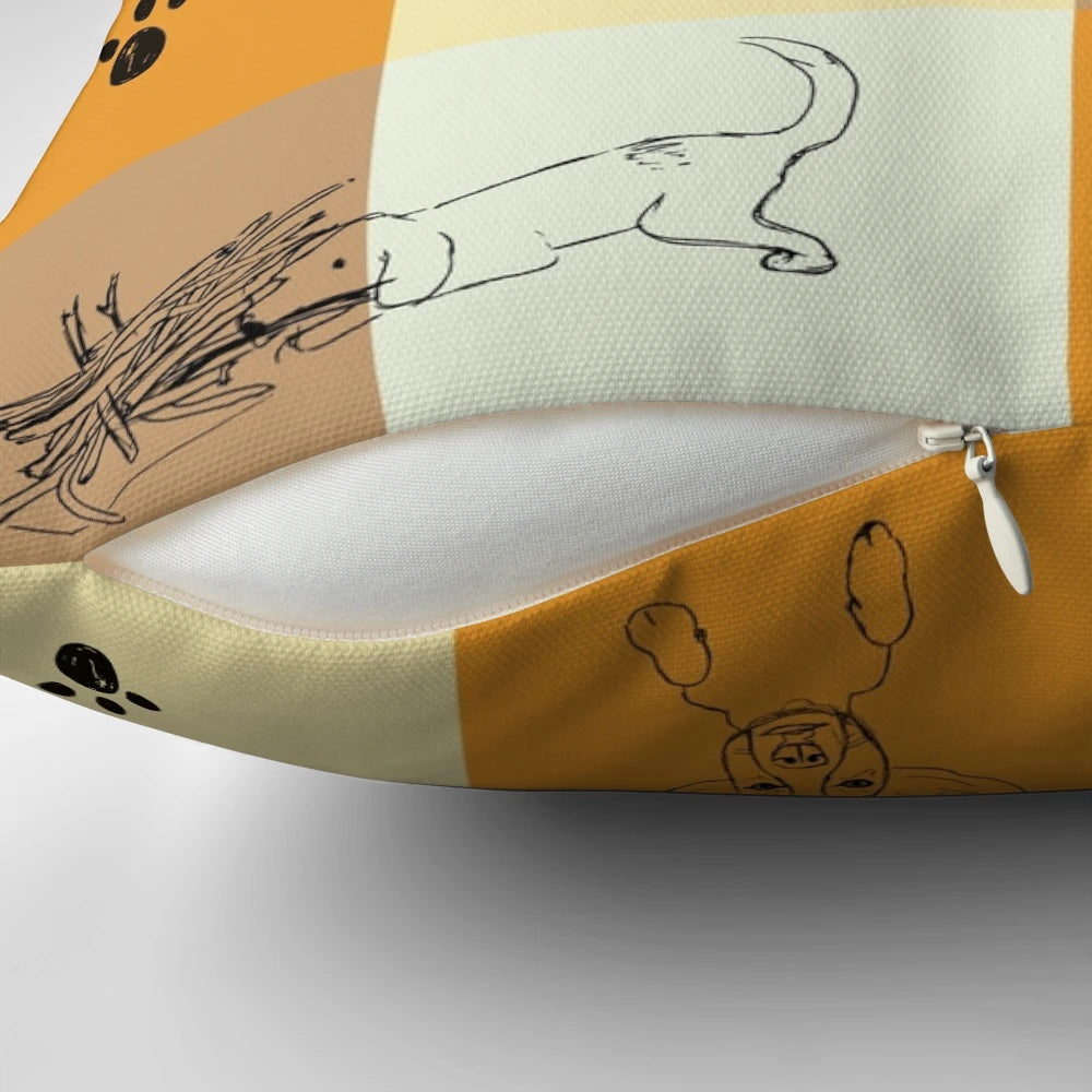 Handcrafted dog pillow featuring a sketch of a sleeping canine in natural, neutral tones.