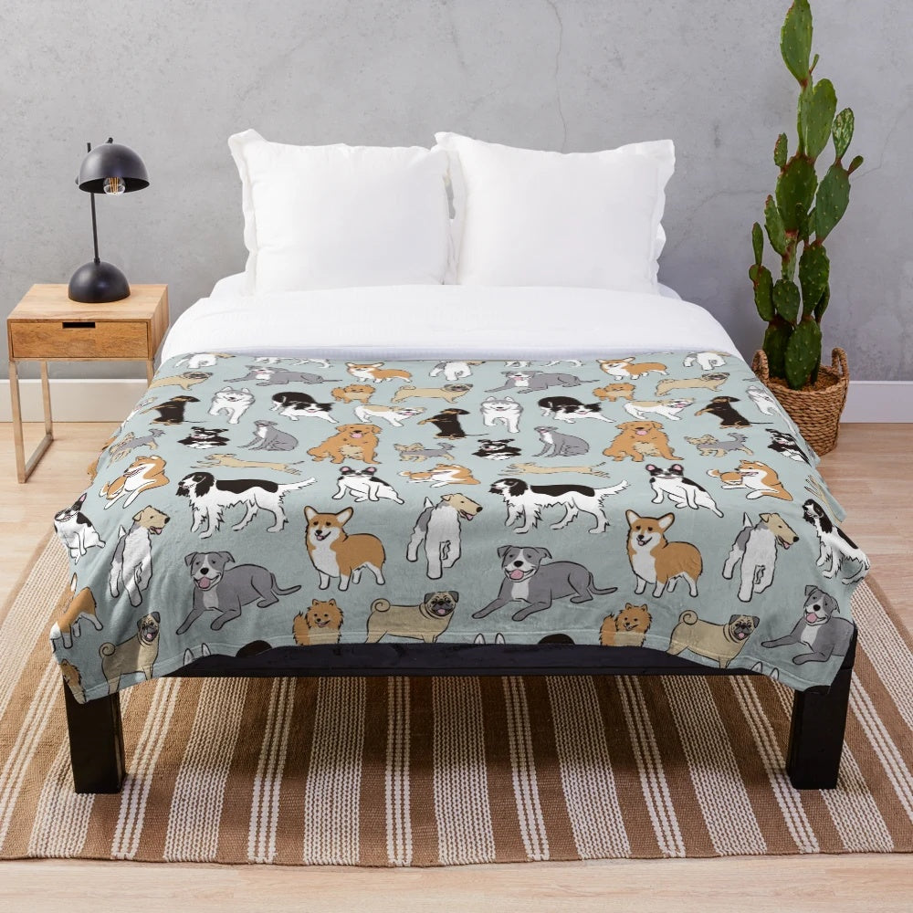 Soft and plush dog-themed blanket with various dog breed prints