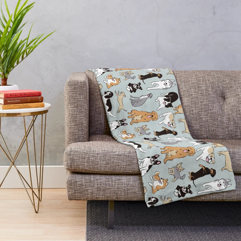 Soft and plush dog-themed blanket with various dog breed prints