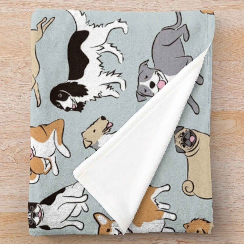Soft and plush dog-themed blanket with various dog breed prints