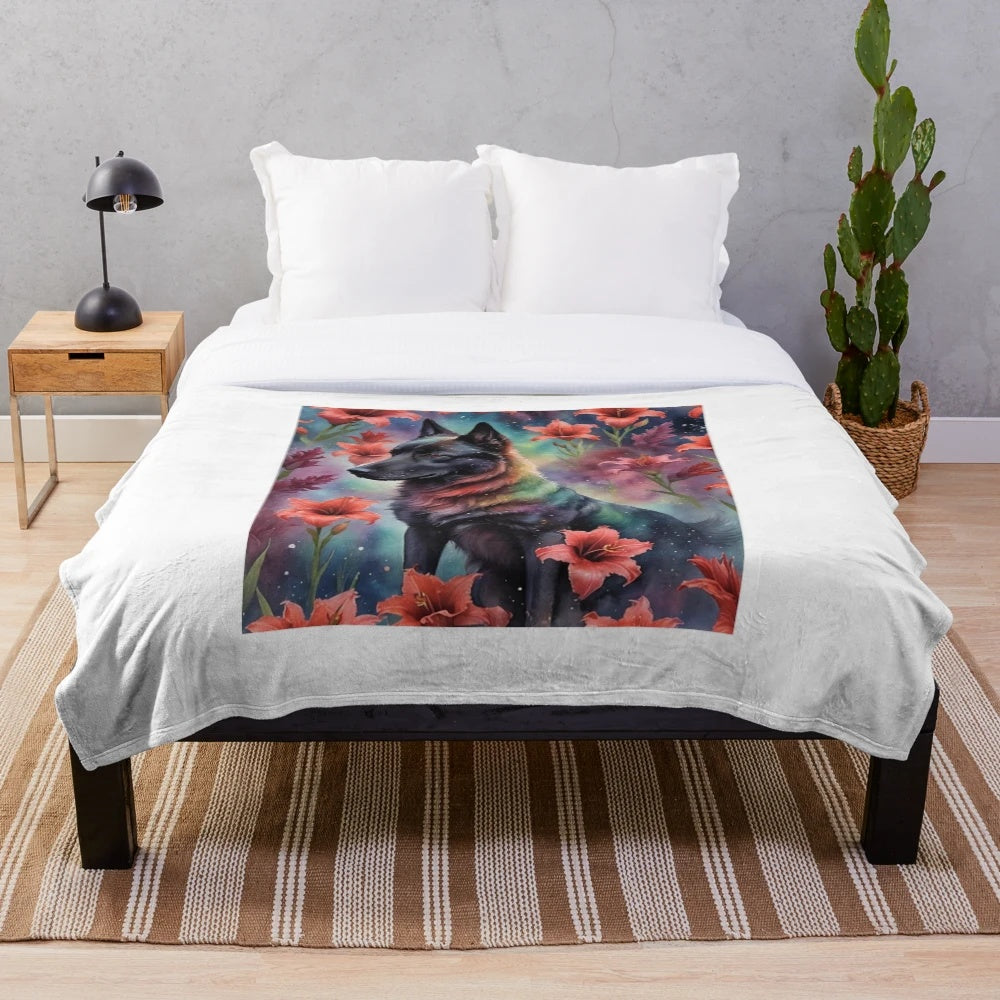 Soft and cuddly plush blanket featuring a dog surrounded by red flowers in a lush garden setting