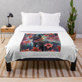 Soft and cuddly plush blanket featuring a dog surrounded by red flowers in a lush garden setting