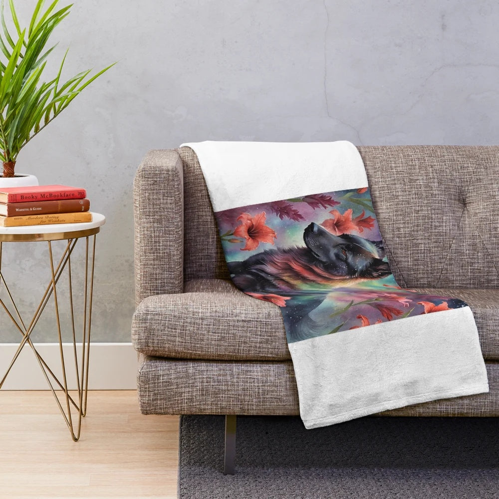 Soft and cuddly plush blanket featuring a dog surrounded by red flowers in a lush garden setting