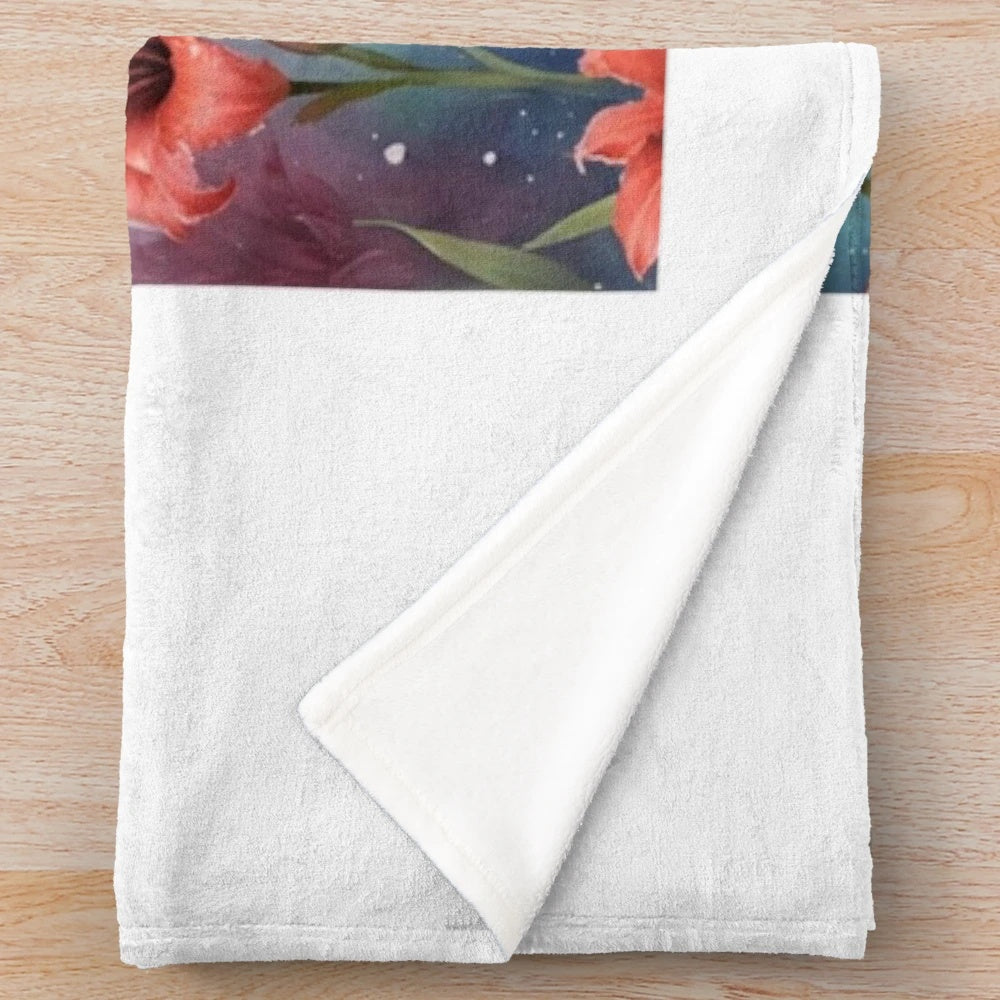 Soft and cuddly plush blanket featuring a dog surrounded by red flowers in a lush garden setting