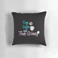 A soft, plush pillow featuring an illustration of a dog, a coffee cup, and true crime podcast text