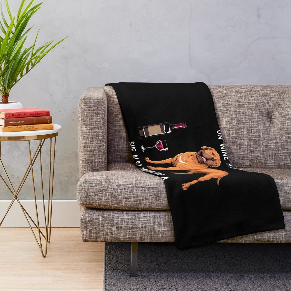 Dogue Bordeaux dog and wine illustration on a soft, plush blanket