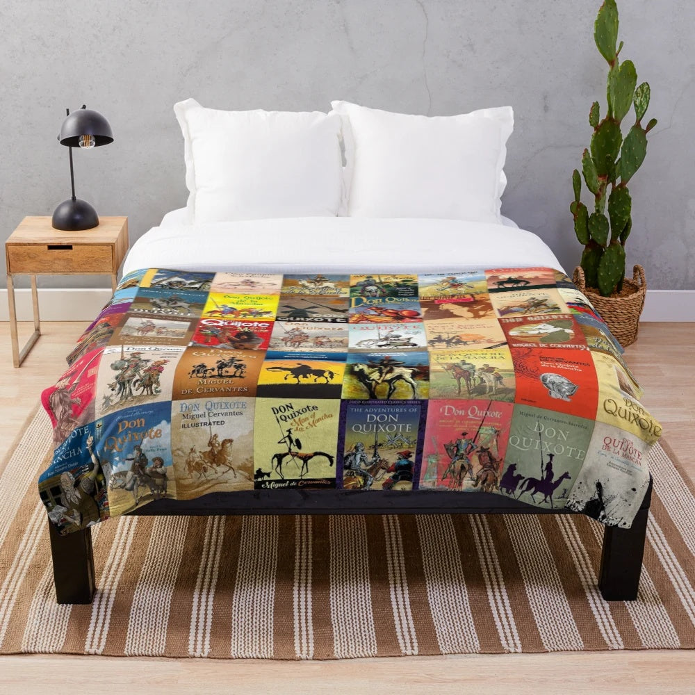 Don Quixote-inspired plush blanket featuring windmills