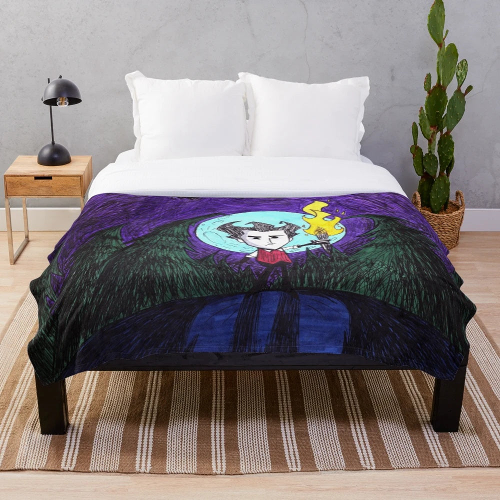 Don't Starve-themed plush blanket with characters and logo