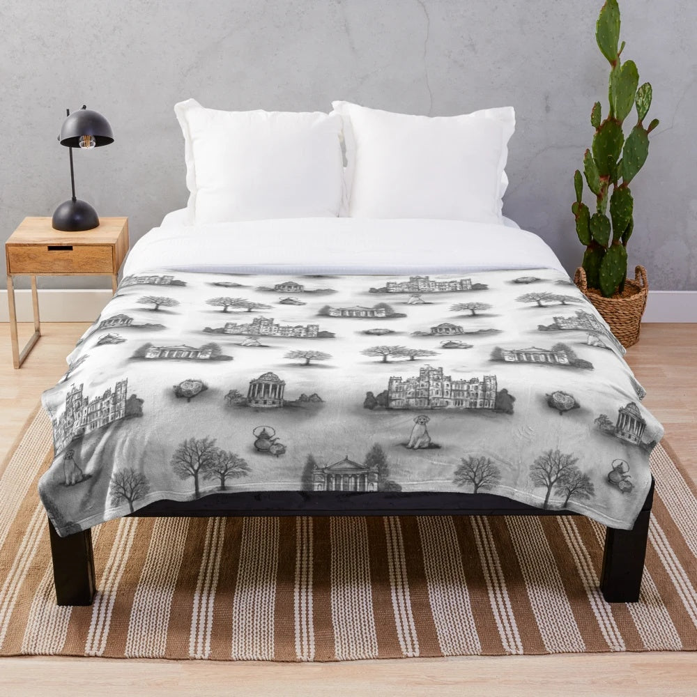 Downton Abbey inspired plush blanket with scenic design