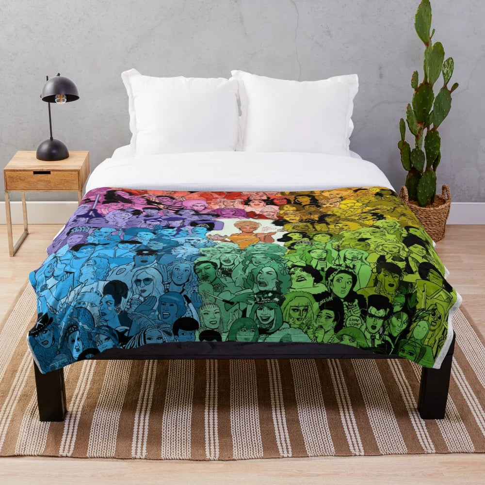 Drag Race-themed plush blanket featuring vibrant colors and designs