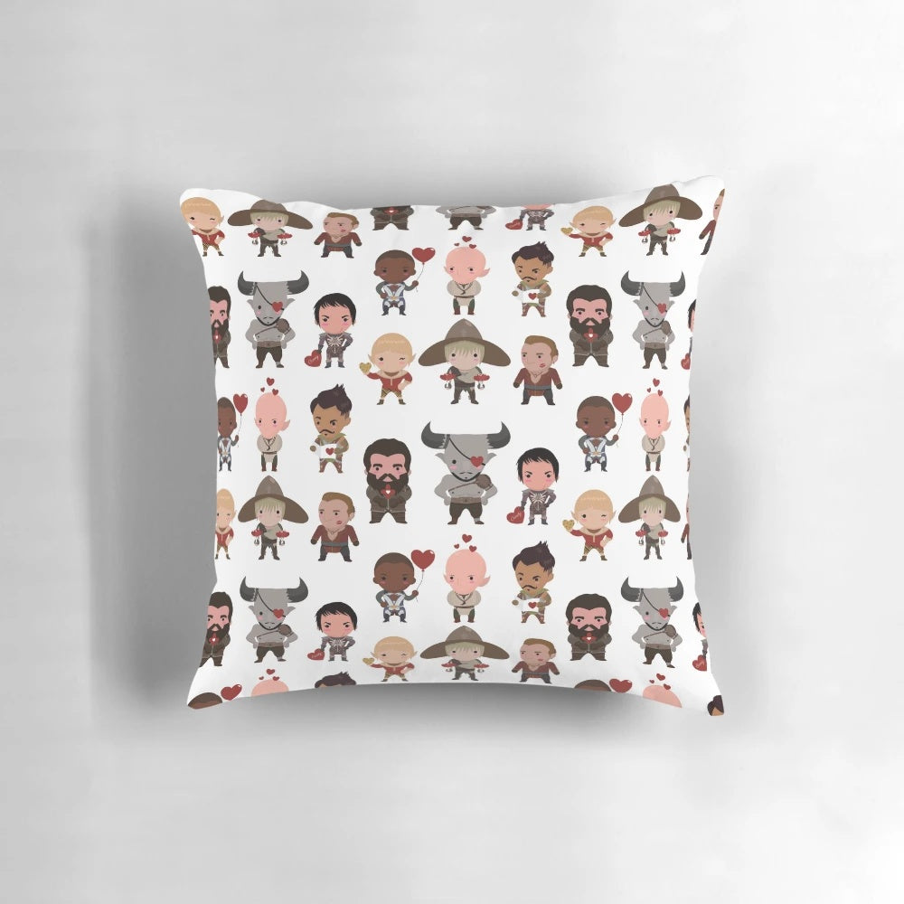 Dragon Age Inquisition themed pillow featuring characters Dorian, Solas, Iron Bull, and more