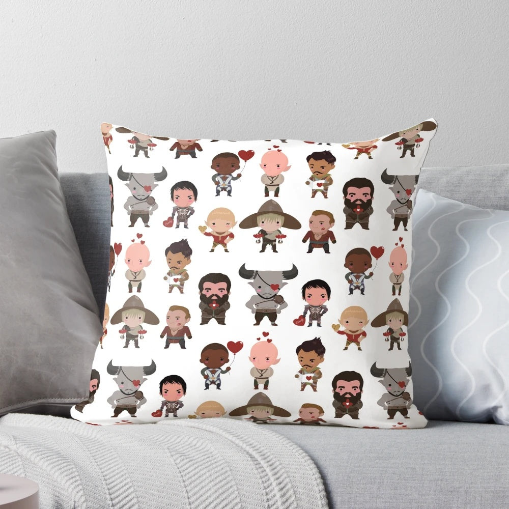 Dragon Age Inquisition themed pillow featuring characters Dorian, Solas, Iron Bull, and more