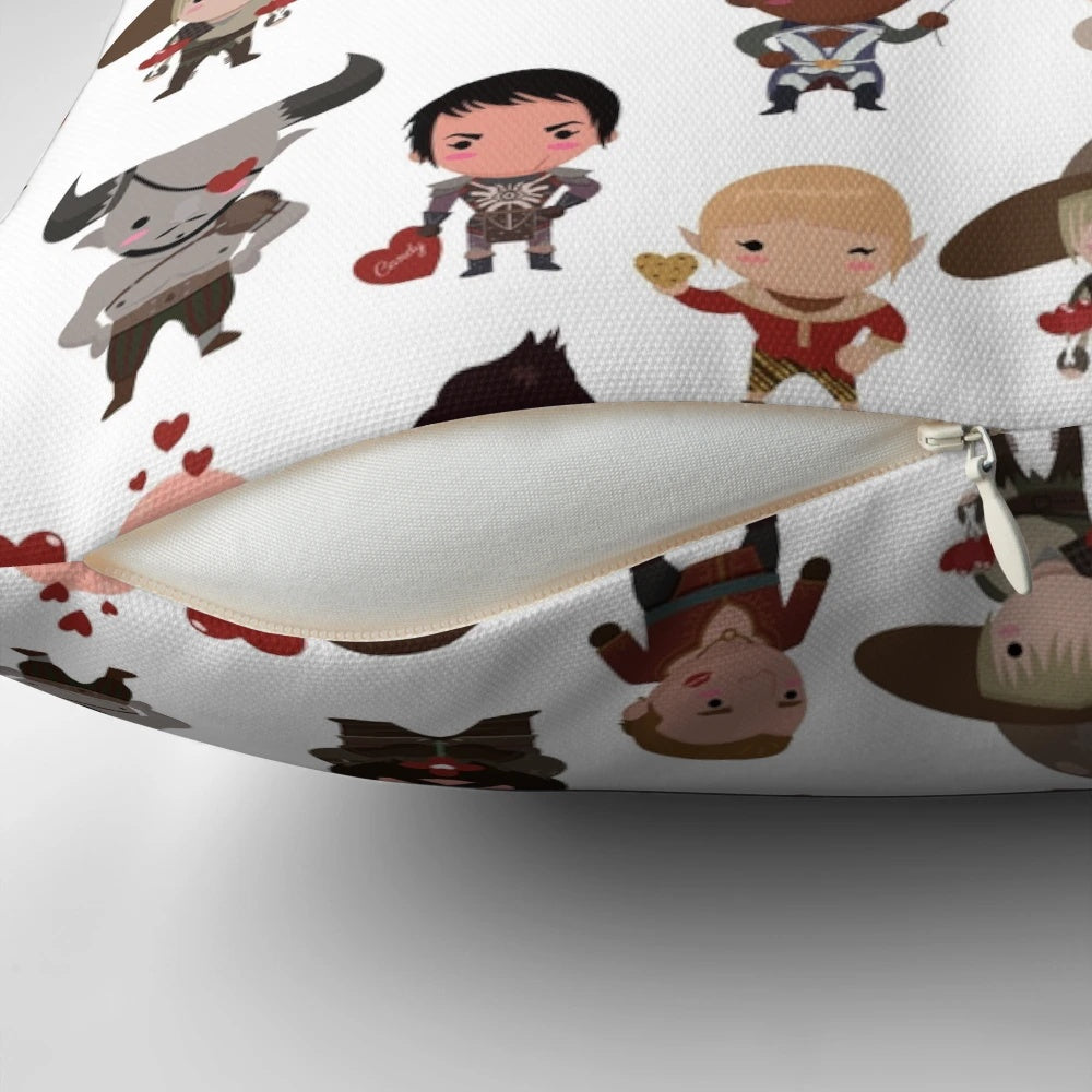 Dragon Age Inquisition themed pillow featuring characters Dorian, Solas, Iron Bull, and more
