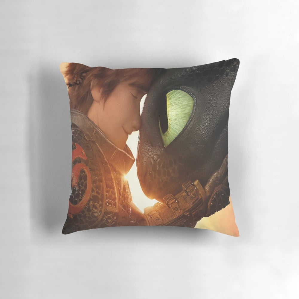 A plush pillow featuring Toothless the dragon and Hiccup from the How to Train Your Dragon movie franchise.
