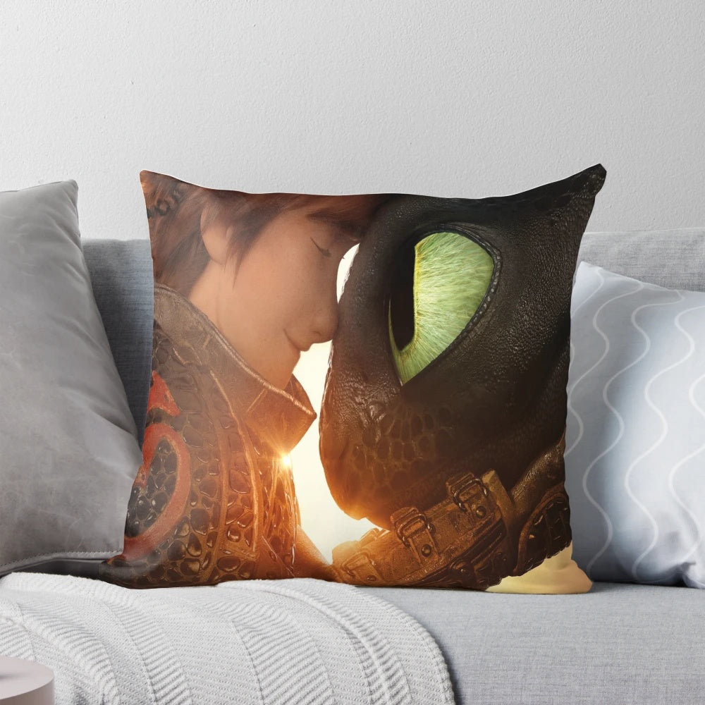 A plush pillow featuring Toothless the dragon and Hiccup from the How to Train Your Dragon movie franchise.