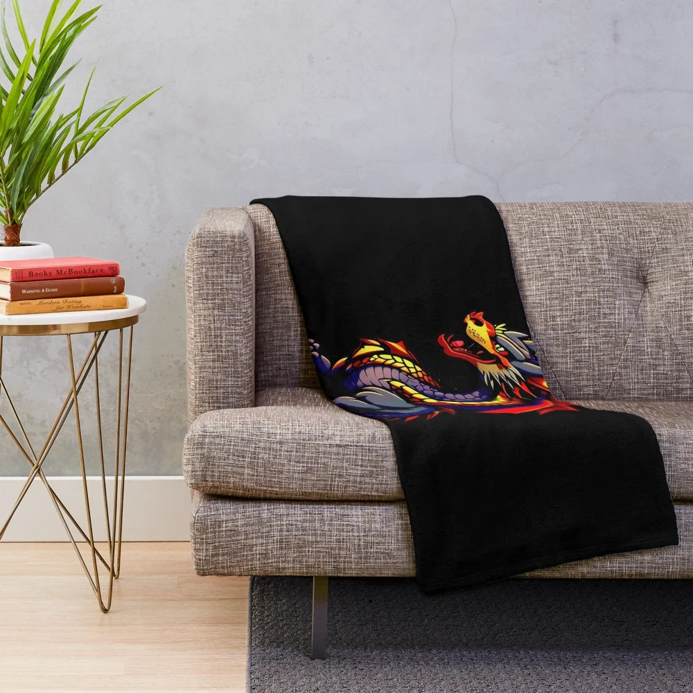 Dragon plush blanket with anime-style illustration of legendary animals